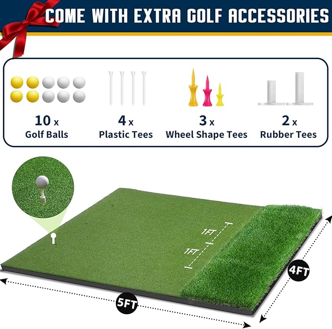Dual-Turf Golf Mat 36mm: 5x4ft/5x5ft Extra Thick Golf Hitting Mats Practice Outdoor Indoor, High-Density Artificial Hitting Training Matt for Garage Simulator Chipping Driving Swing