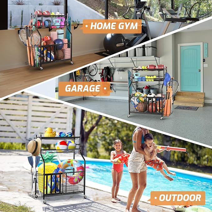 PLKOW Sports Equipment Storage for Garage, Indoor/Outdoor Sports Rack for Garage, Ball Storage Garage Organizer with Basket and Hooks,Toy/Sports Gear Storage
