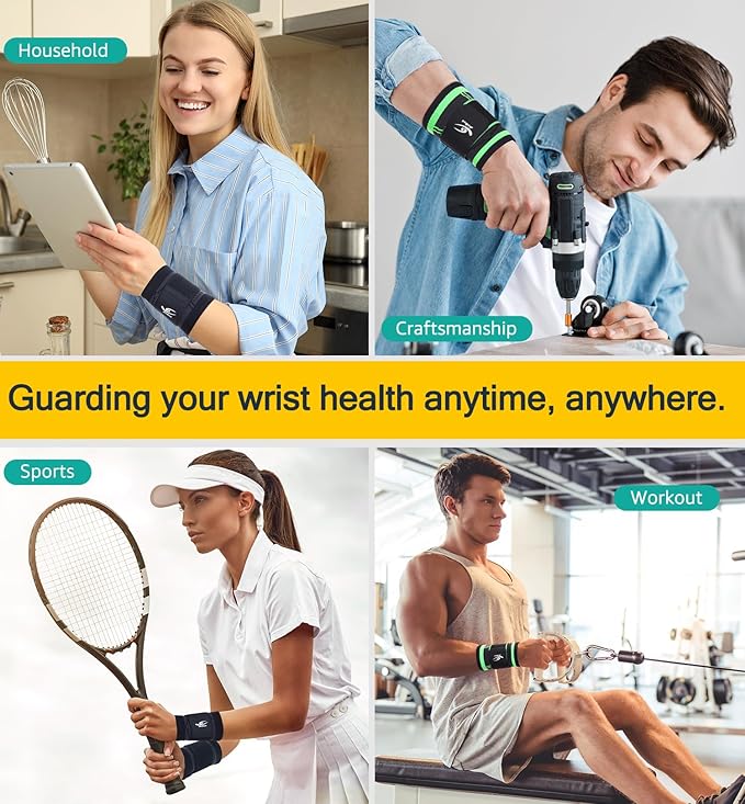 HiRui Wrist Brace Wrist Wraps Compression Wrist Strap, Wrist Support for Work Fitness Weightlifting Sprains Tendonitis, Carpal Tunnel Arthritis, Pain Relief, Adjustable Wristbands 2 PACK (Green, S)