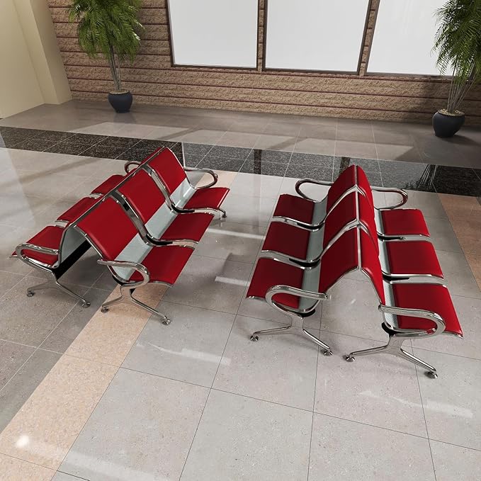 Kinfant Red 12-Seat Waiting Room Chairs with Arms – Heavy-Duty Steel Frame PU Leather Back & Cushioned Seat, Ergonomic Office Reception Guest Chair for Lobby, Clinic, Airport