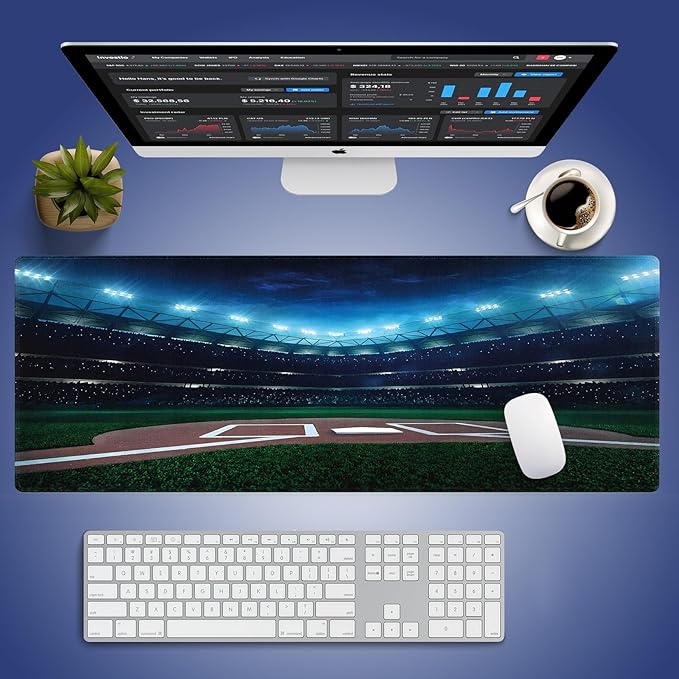 Wknoon. Extra Large Gaming & Office Mouse Pad (31.5" x 11.8") with Durable Stitched Edges – Professional Baseball Field at Night Vibrant Playground Stadium League Theme Print, Anti-Slip XXL Desk Mat