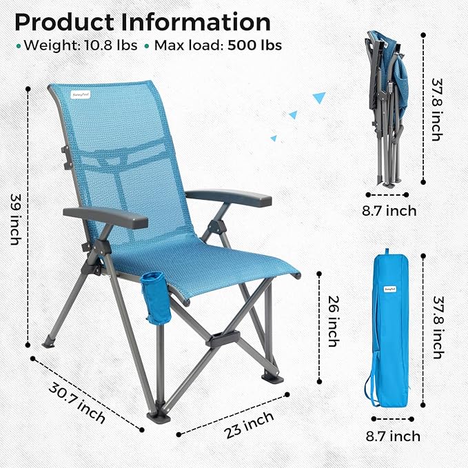 SUNNYFEEL 3-Position Recliner High-Back Camping Chair, Heavy Duty 500lbs Folding Chair with Hard Armrests & Cup Holder, Blue Ergonomic Chairs TPEE Breathable Mesh for Outdoor, Camp, Beach, Travel