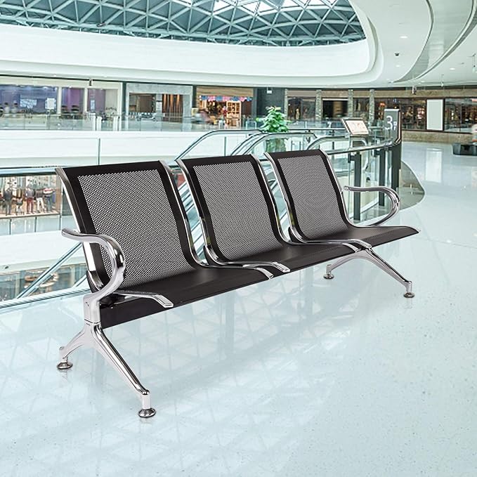 Kinfant Waiting Room Chair Bench - Guest Reception Chairs for Airport Hospital Bank Salon Barber Hall Room Conference (3-seat, Black-Mesh)