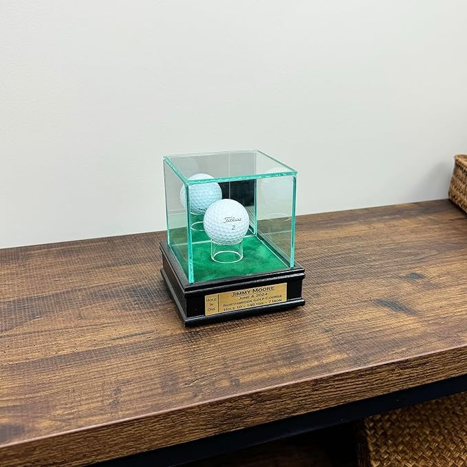 Golf Ball Hole-in-One Display Case with 1 1/2" Sport Moulding | Real Glass Display for Your Hole in One Golf Ball | Add Custom Personalization | Hole in One Golf Ball Display Case