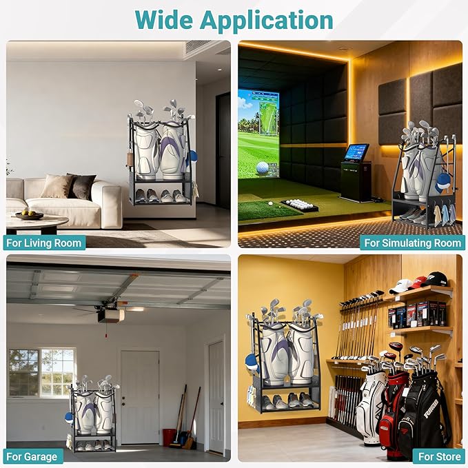 Golf Bag Organizer - Wall Mount & Freestanding - Holds 2 Golf Bags w/ 4 Club Racks, 10 Hooks & Storage Shelf - Golf Bag Stand w/Adjustable Feet for Garage, Store, Club, Shed