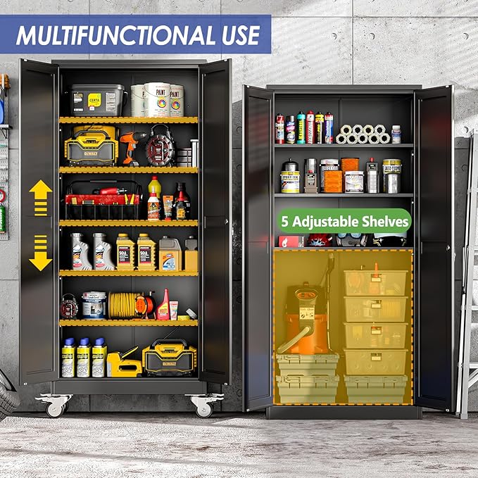 75" Tall Metal Garage Storage Cabinet with Wheels and Locking Doors and Tall Rolling Steel Tool Cabinet with 5 Adjustable Shelves for Garage,Home,Office,Shop (Black)