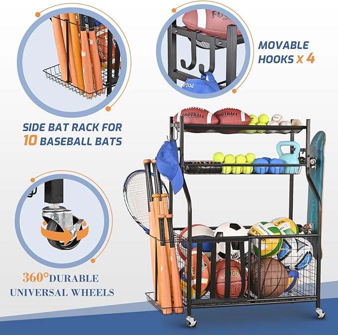 PLKOW Sports Equipment Storage for Garage, Indoor/Outdoor Sports Rack for Garage, Ball Storage Garage Organizer with Basket and Hooks,Toy/Sports Gear Storage