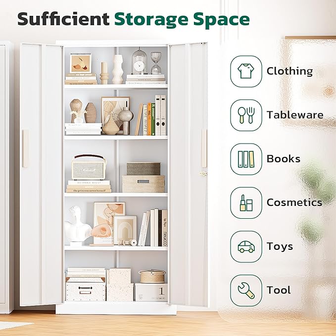 Greenvelly 63" H Metal Storage Cabinet White, Locking Metal Cabinet, Store Tools, Clothes, Tableware and Toiletries, Garage Cabinets with Adjustable Shelves for Office, Home, Garage, Pantry