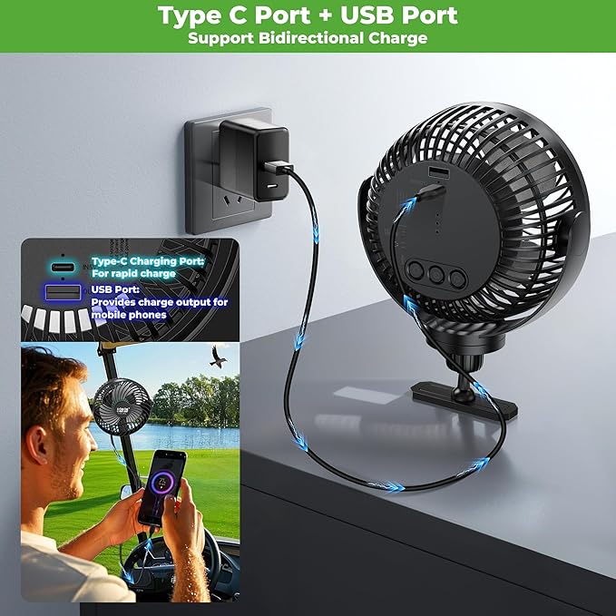 10L0L 2 Pack Magnetic Golf Cart Fans Rechargeable Big Battery Powered Portable Fan,3 Speeds/2 LED Light/56 Hrs Runtime/360°Rotatable with Magnetic Base,USB & Type C Ports,Summer Golf Cart Accessories