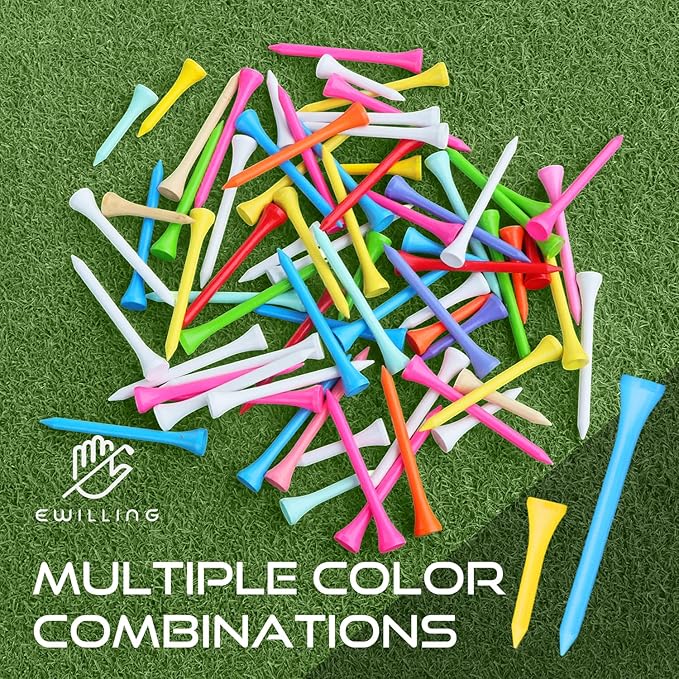 Golf Tees Multiple Colors Mixed Size Package, 100pcs Professional Bamboo/Wood Golf Tees, Size 3-1/4", 2-3/4" & 1-1/2" Reduce Friction and Resistance