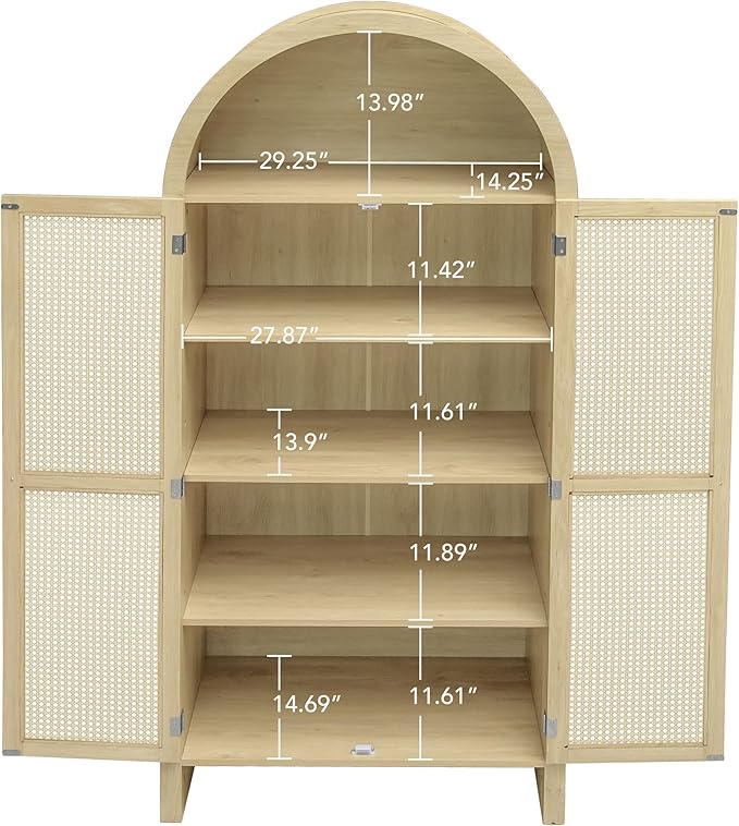 Rainbow Home California 70" Tall Arched Kitchen Pantry with 2 Large Rattan Doors, Storage Display Cabinet with 2 Adjustable Shelves, Versatile for Dining Room, Living Room, Study, Natural