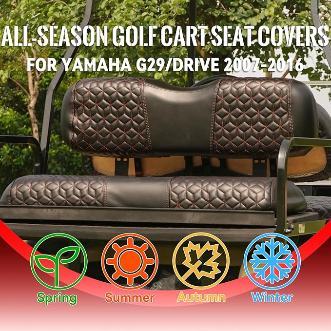 Golf Cart Seat Covers Front and Rear for Yamaha G29/Drive/Drive 2 2007+ Standard Seat Cushion, EZGO Vinyl Leather Seat Cover Set Replacement Accessories, No Staples, Black(4 PCS)