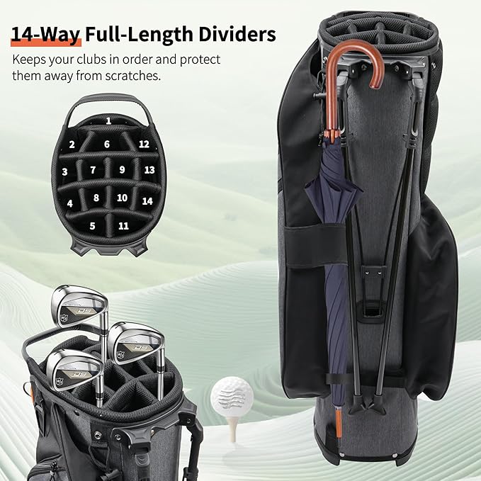 Golf Stand Bag 14 Way Full-Length Dividers with Stand, Lightweight Golf Bag for Men, 7 Pockets, Dual Strap, Rain Hood, Portable Golf Club Bag for Men Women, Gray/Black