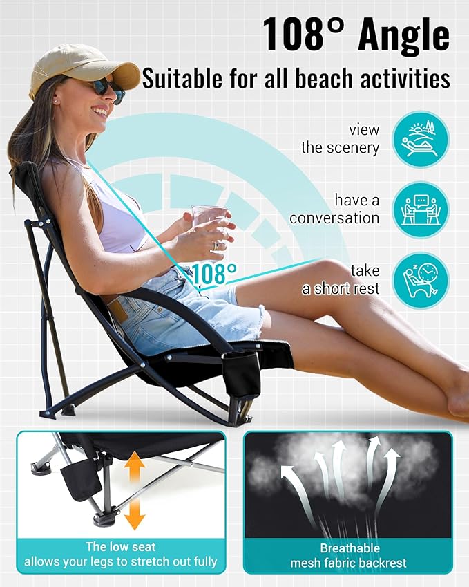 KingCamp Low Beach Chairs, Folding Portable Chair for Adults Lightweight Extra Wide Seat 300lbs Heavy Duty Oversized Backpack, Carry Bag for Camping