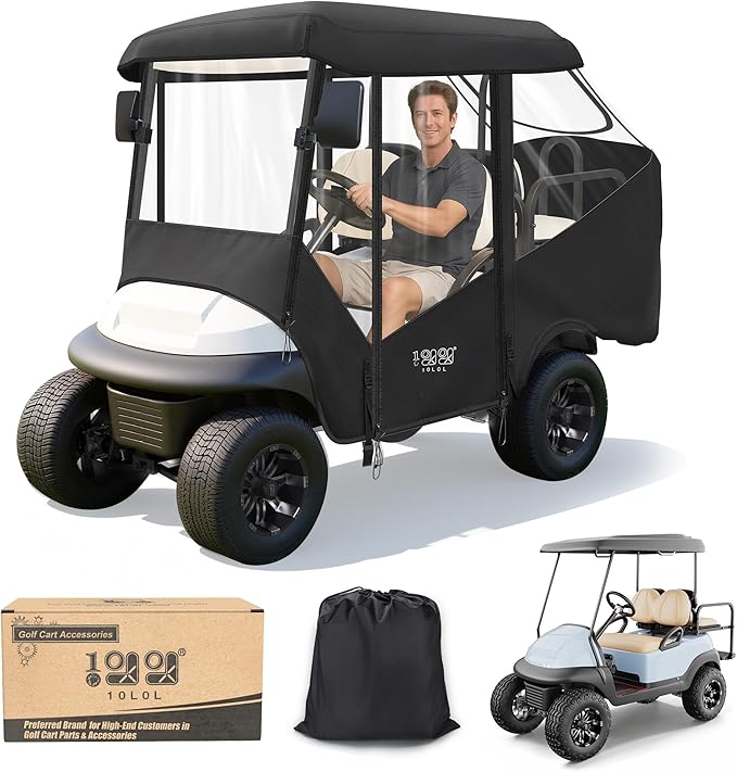 10L0L Golf Cart Enclosure 4 Passenger for EZGO TXT & Club Car Precedent DS Tempo Onward, 57" Short Roof Waterproof Windproof Rain Cover with Heavy-Duty 600D Fabric & Clear Windows Roll-up Door