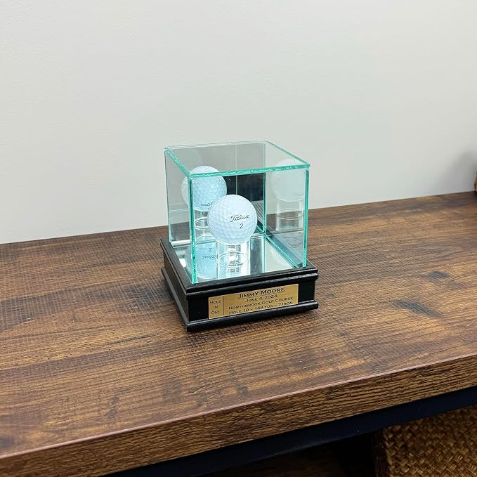 Golf Ball Hole-in-One Display Case with 1 1/2" Sport Moulding | Real Glass Display for Your Hole in One Golf Ball | Add Custom Personalization | Hole in One Golf Ball Display Case