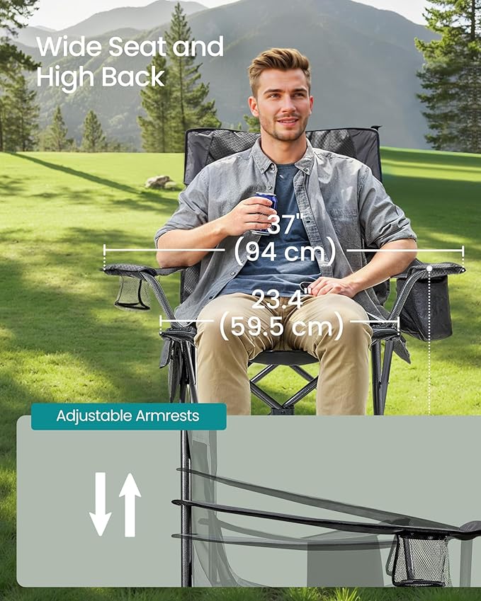 SONGMICS Camping Chair, Folding Lawn Chair with Cooler Bag, 352 lb Weight Capacity, Adjustable Armrests with Cup Holder, Storage Bag, Breathable Nylon Mesh, for Sports Games, Slate Gray UGCB060G01