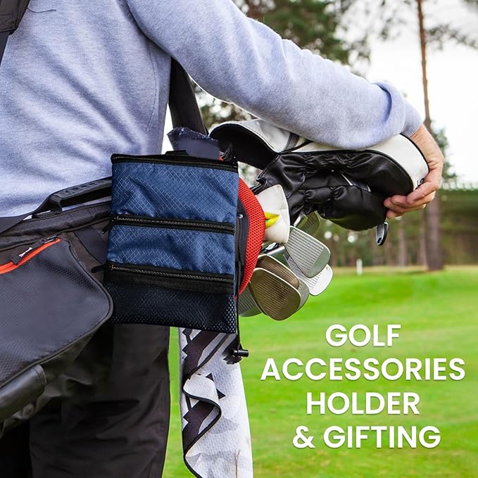 Golf Bag Accessories Valuables Pouch Bags Multi Pocket Zipper Hook with 10 Pcs Wood Golf Tees for Men Women