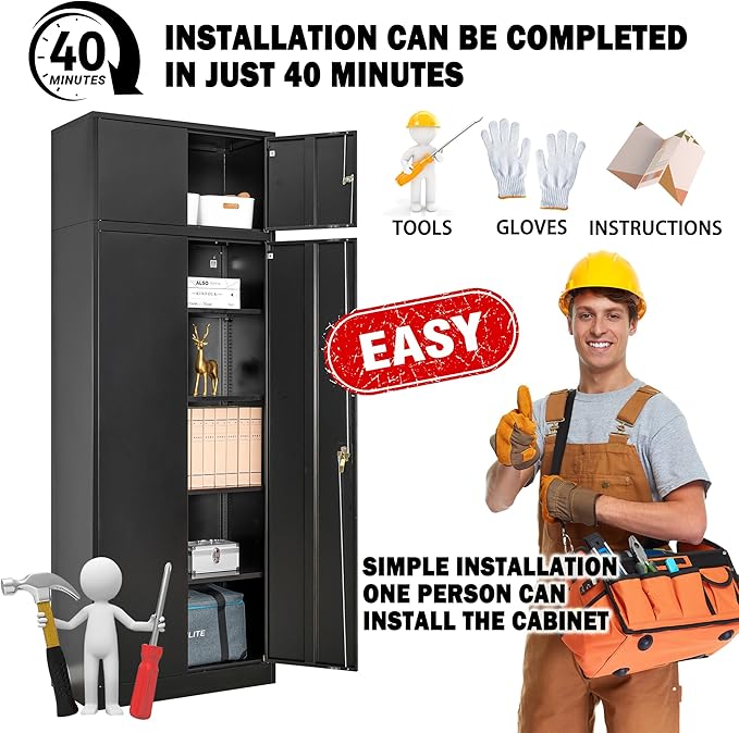 CJF Metal Storage Cabinet, 87-inch Tall Large Locking Cabinet Garage Storage Cabinet with Adjustable Shelves & Locking Doors for Home Office, Garage and Utility Room-Black