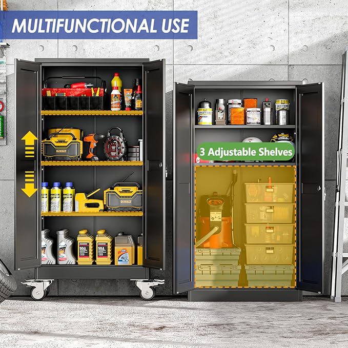 61" Tall Metal Garage Storage Cabinet with Wheels and Locking Doors and Tall Rolling Steel Tool Cabinet with 3 Adjustable Shelves for Garage,Home,Office,Shop (Black)