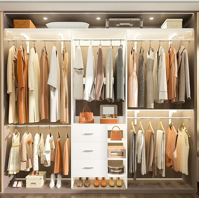 Aheaplus Closet System, Closet Organizer with 3 Wooden Drawers, 8FT Closet Organizer System, 96’’ Walk-in Closet Wardrobe Clothes Rack with Hanging Rods, Garment Rack, Fits 5.3-9 ft, -W3,White