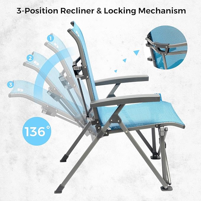 SUNNYFEEL 3-Position Recliner High-Back Camping Chair, Heavy Duty 500lbs Folding Chair with Hard Armrests & Cup Holder, Blue Ergonomic Chairs TPEE Breathable Mesh for Outdoor, Camp, Beach, Travel