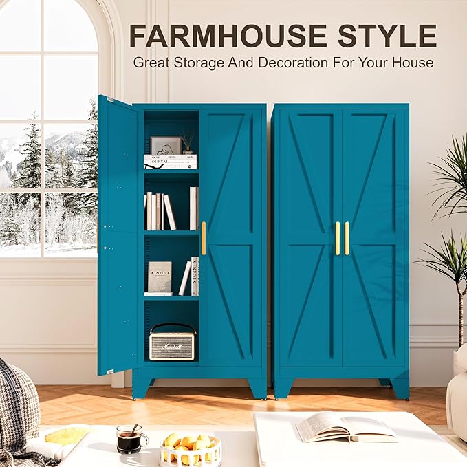 61H Metal Storage Cabinet with 2 Doors and Adjustable Shelves,Farmhouse Storage Cabinet with Barn Doors,Pantry Storage for Home,Office,Bathroom,Dining Room,Kitchen(Blue)