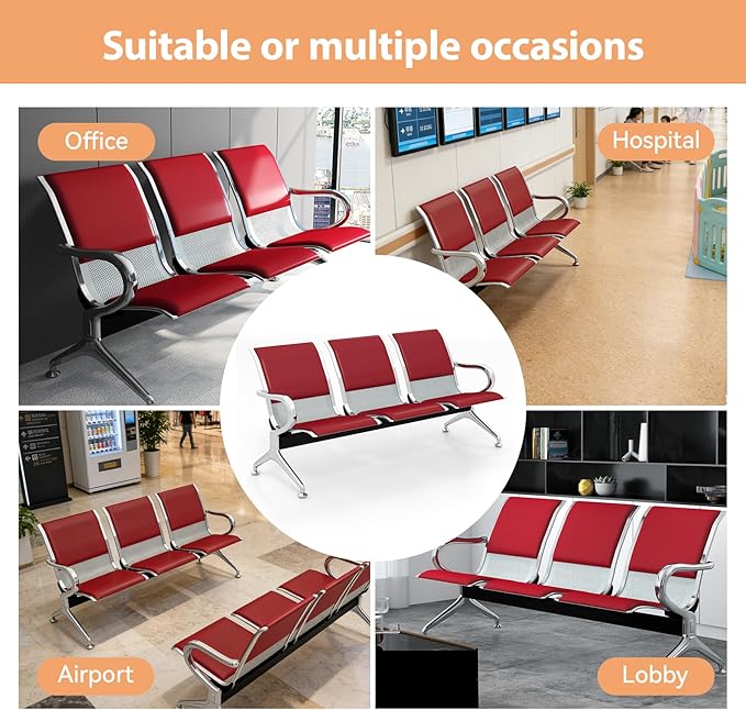 Kinfant 5-Seat Waiting Room Chairs with Arms – Heavy-Duty Steel Frame PU Leather Back & Cushioned Seat, Ergonomic Office Reception Guest Chair for Lobby, Clinic, Airport, Red