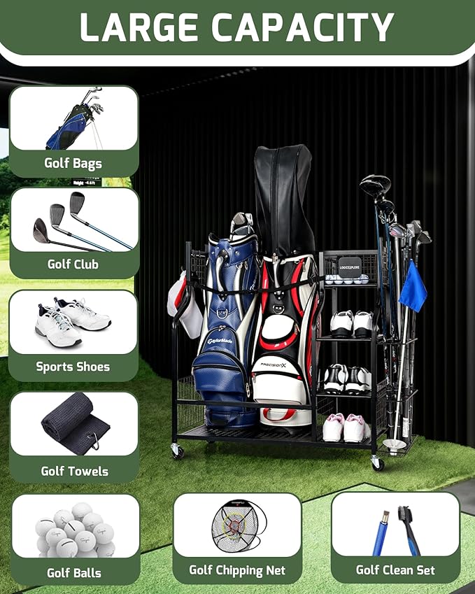 Golf Bag Storage Organizer Rack for Garage, Golf Bag Stand with Rolling Wheels, Heavy-Duty Metal Golf Equipment Organizer for Home, Garage, Clubhouse
