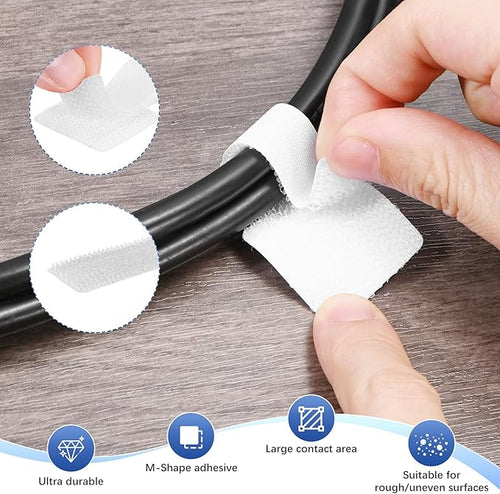 100-Pack Hook and Loop Cable Ties, 3.5 x 1.1 Inch Enhanced Self-Adhesive Cord Organizer for Desk/Home/Wall/Office Essentials, Cable Management Under Desk [White]