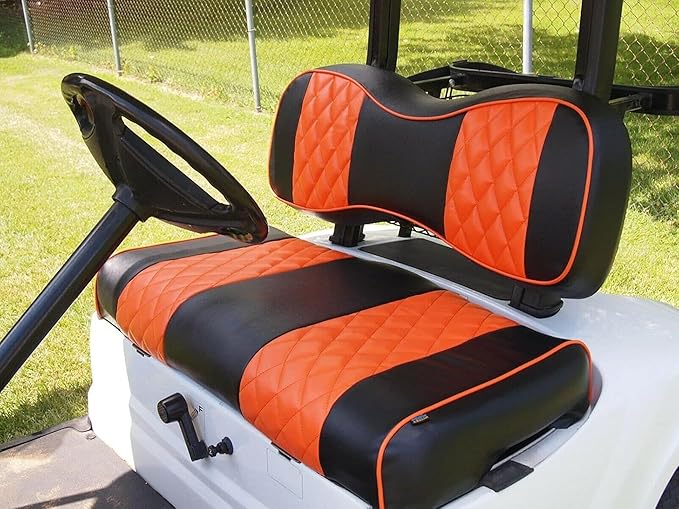 Huskey Golf Cart Front Rear Seat Covers Compatible with Yamaha G29 Drive & Drive 2 2007-Up Models, Custom Fit, Black Orange Diamond Stitching, Marine Grade Vinyl, Staple On