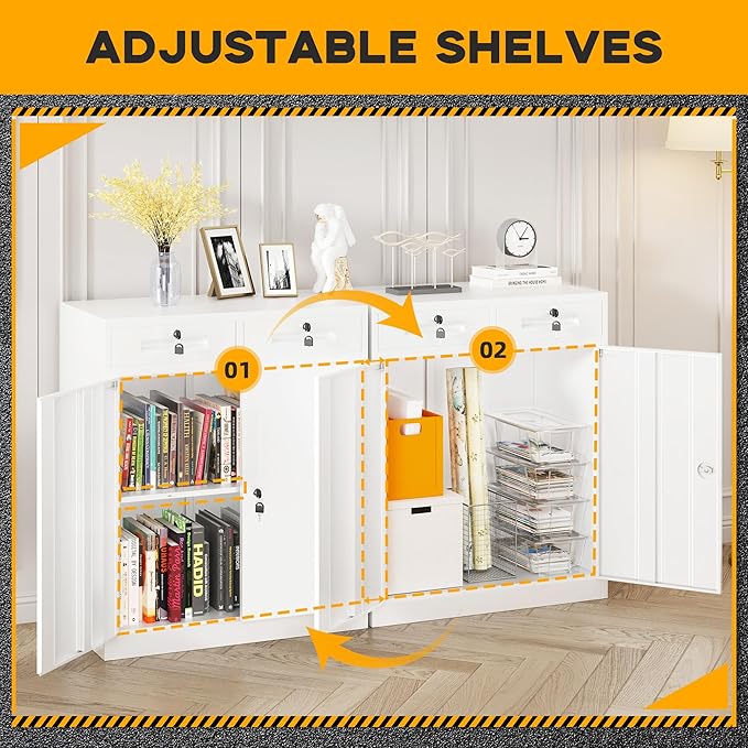 Greenvelly Metal Storage Cabinet with 2 Drawers,36" Lockable Storage Cabinet Steel White Cabinet with Doors and Adjustable Shelves for Bathroom Storage Home Office, Garage, School, Apartment
