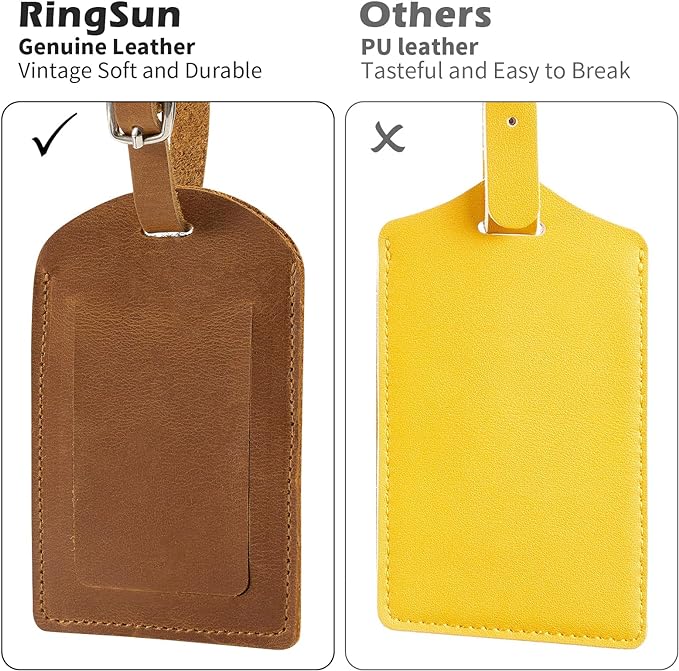 Ringsun Genuine Leather Luggage Tag for Suitcases ID Tags Bag Tags for Luggage (4 Pack)