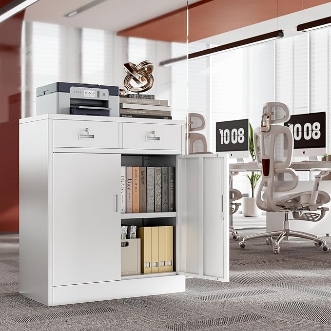 CJF Metal Storage Cabinet, Locking Storage Cabinet with Doors and 2 Drawers, Metal Cabinets for Office/Home/Garage 36" H x 32" W x 16" D (White)