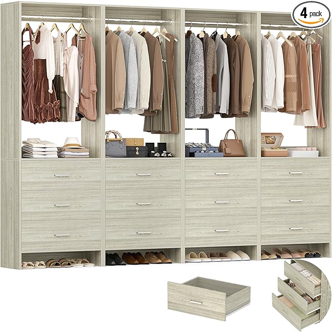 Aheaplus Closet System Closet Organizer, Wood Closet Organizer System, Walk-in Closet or Small Closets Wardrobe, Clothes Rack with Hanging Rods, 8FT Closets, Set of 4, -D1, White Oak