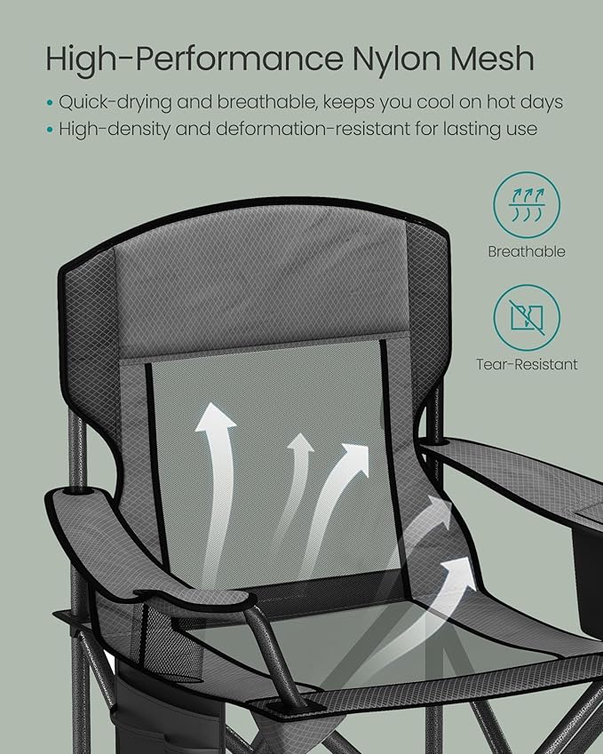 SONGMICS Camping Chair, Folding Lawn Chair with Cooler Bag, 352 lb Weight Capacity, Adjustable Armrests with Cup Holder, Storage Bag, Breathable Nylon Mesh, for Sports Games, Slate Gray UGCB060G01