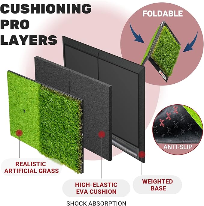 SAPLIZE Foldable Heavy-Duty Golf Hitting Mat with 10mm EVA Backing for Indoor/Outdoor Swing & Chipping, Golf Accessories & Gift for Men & Women