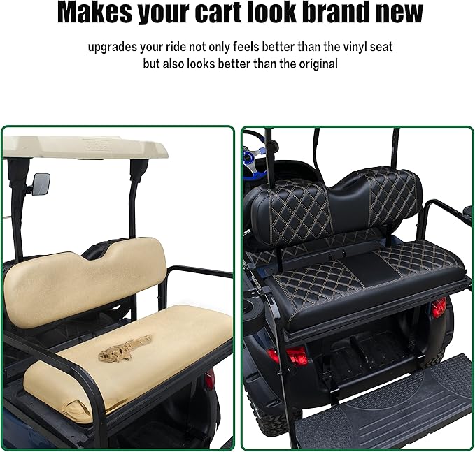 NOKINS Golf Cart Seat Covers Fit Club Car Precedent/DS/EZGO RXV/TXT/Yamaha Drive Aftermarket Standard Rear Seat Cushion, No Stapler, Multiple Colors&Breathable (Black&Brown Stitch)