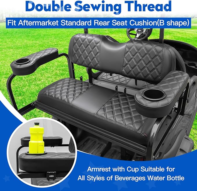 NOKINS Golf Cart Seat Covers for EZGO TXT 1994-2013/EZGO RXV, Vinyl Front&Rear Seat Cover with Flip-Up Armrests kit, with Cup Holder, for 1" Square Tube (Black&Black Stitching)