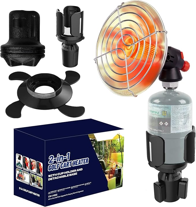 2-in-1 7200 BTU Golf Cart Heater Propane with Storage Box, Adjustable Cup Holder & Camping Base, Compatible with EZGO, Club Car, Yamaha, and More, Golf Cart Accessories (Propane Tank Not Included)