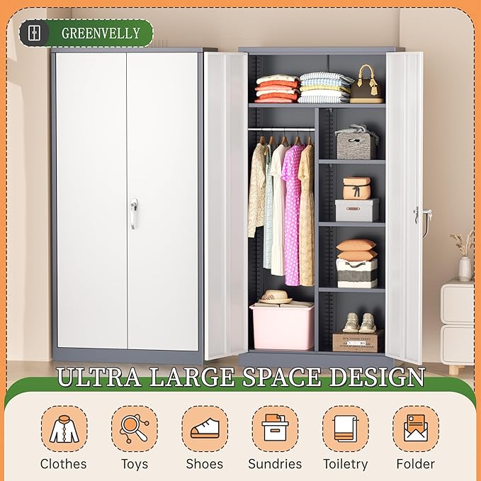 Greenvelly Metal Wardrobe Cabinet with Lock Door, 72" Metal Wardrobe Closet Cabinet with Hanging Rods and Adjustable Shelves, Steel Storage Locker Closet for Home, Office, Employee, Gym (White Grey)
