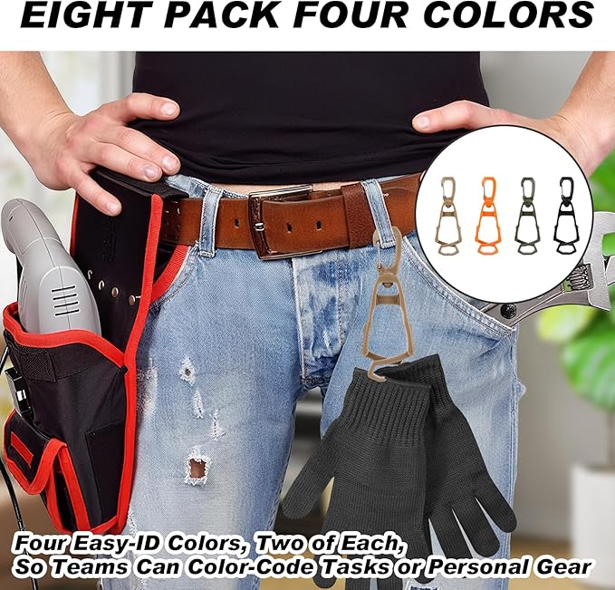 8 Pcs Glove Holder Clip Set, Work Safety Glove Holder Clip, Heavy-Duty Grip, Rotating Connector, Non-Marking Teeth, Lost-Prevention, for Construction, Warehouse, Landscaping, HVAC, Fishing