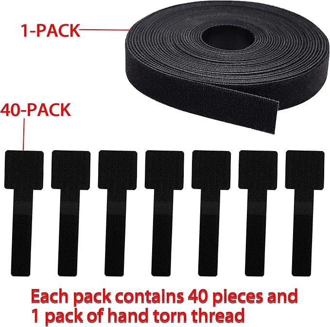 40+1 Hook and Loop Cable Ties, Sticky-Back Cord Organizer, Cable Clip, Self Adhesive Hook and Loop Cable Straps, Cable Management Under Desk, Adjustable Nylon Wire for Home, Office (Black)