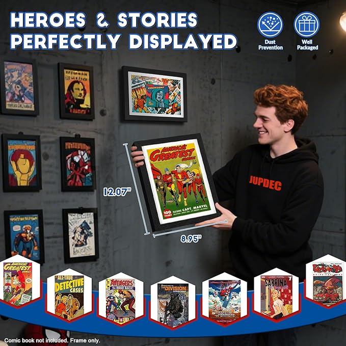 JupDec Comic Book Frame, Premium Wood Display Case for 6 11/16" × 10 3/16" Comic, Wall Mount or Tabletop Stand, Layered Design with Positioning Mat, Perfect for Home Decor, 2 Pack, White