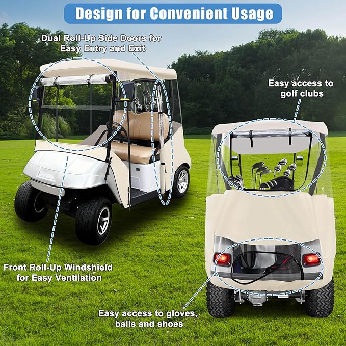 MOSNAI Golf Cart Enclosure 2 Passenger for EZGO TXT & RXV with Zippered Doors, 600D Heavy Duty Oxford and Thickened Clear PVC, Keep Warm Golf Cart Rain Cover Weather Enclosure with 8 Windproof Hooks