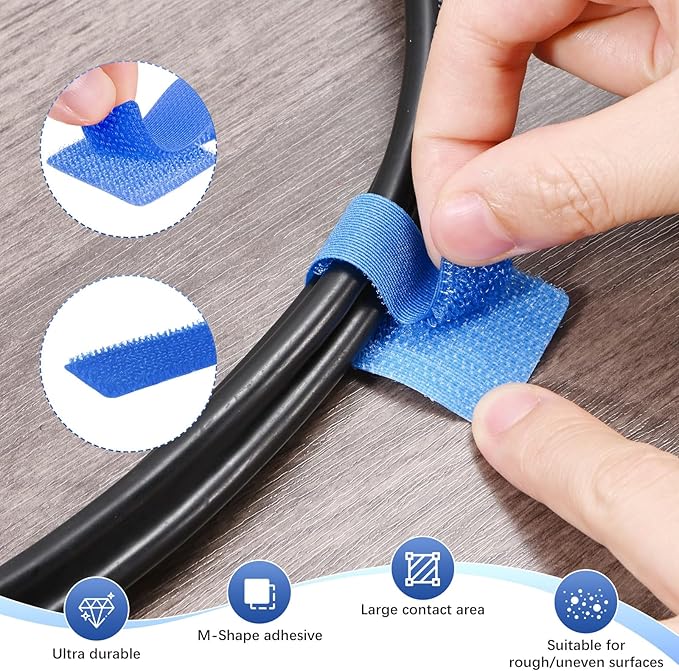 100-Pack Hook and Loop Cable Ties, 3.5 x 1.1 Inch Enhanced Self-Adhesive Cord Organizer for Desk/Home/Wall/Office Essentials, Cable Management Under Desk [Blue]