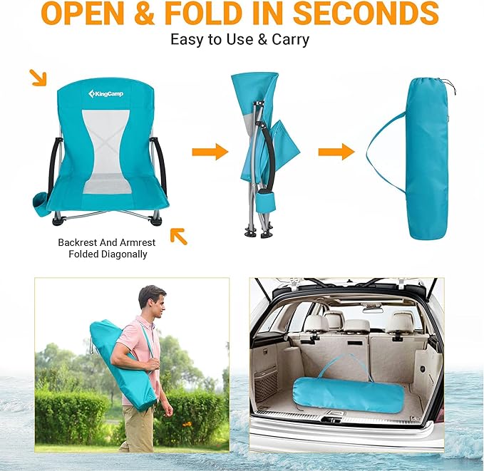 KingCamp Low Beach Chairs, Folding Portable Chair for Adults Lightweight Extra Wide Seat 300lbs Heavy Duty Oversized Backpack, Carry Bag for Camping