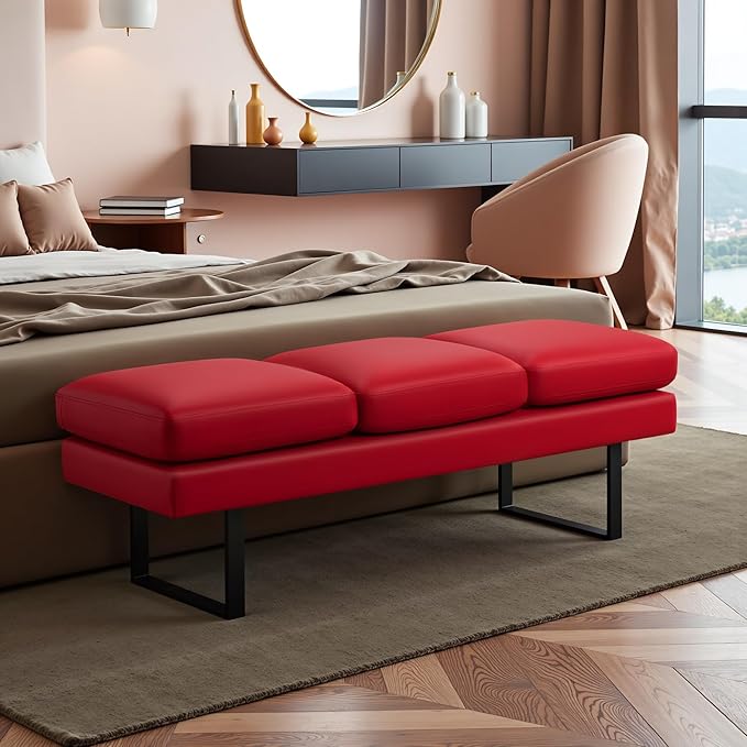 Furniwell Waiting Room Bench with 3 Seats,Faux Leather Reception Bench Upholstered Office Guest Chair Seating,Lobby Bench for Salon,Conference Room and Shop (Red)