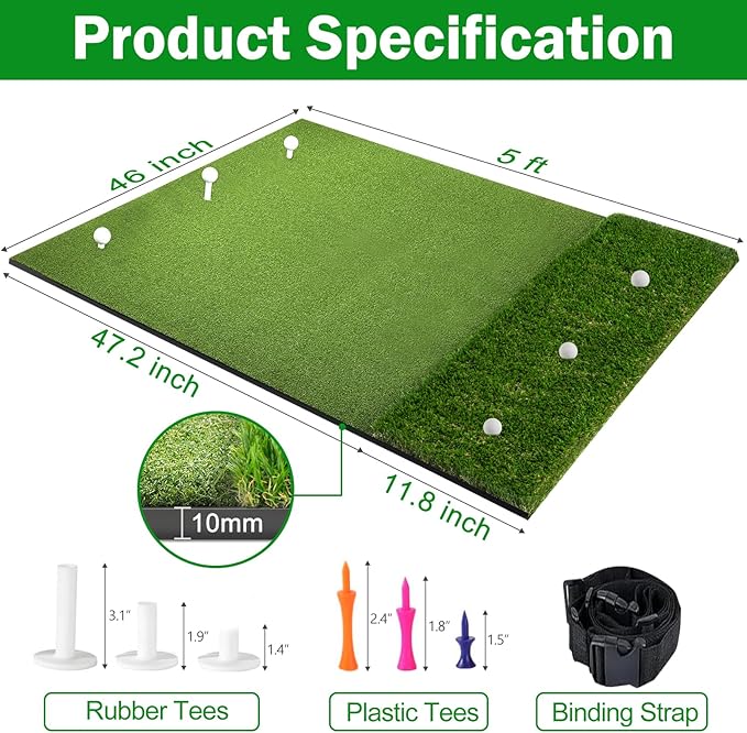 MONOJOY Golf Hitting Mat 5x4ft, Thick 31mm Artificial Turf Practice Mat with 6 Tees, Durable EVA Backing for Indoor | Outdoor Driving, Chipping & Swing Training