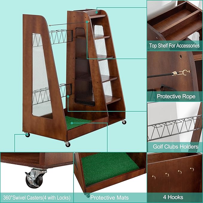 CHARMMA Golf Bag Organizer for Garage, Premium Wooden Golf Clubs Storage Rack Fit 2 Golf Bags, Golf Trunk Organizer for Car Garage Club Shed Basement,35.50x18.00x40.00in